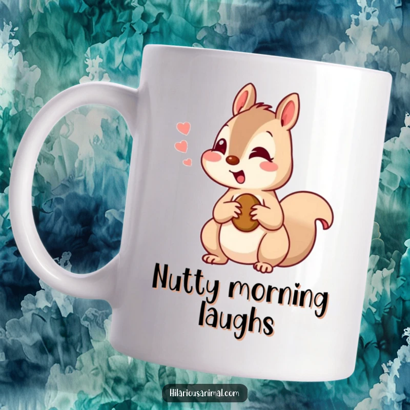 Funny squirrel mug showing a curious squirrel chattering with amusement while holding a nut, conveying playful excitement.