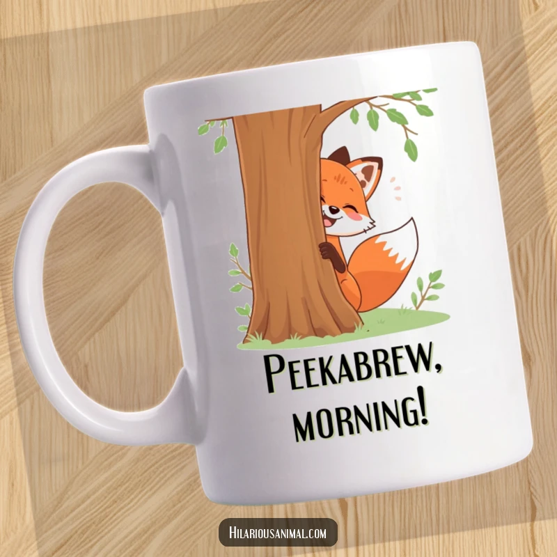 Funny mug featuring a red fox playfully giggling while peeking from behind a tree, a charming funny gift.
