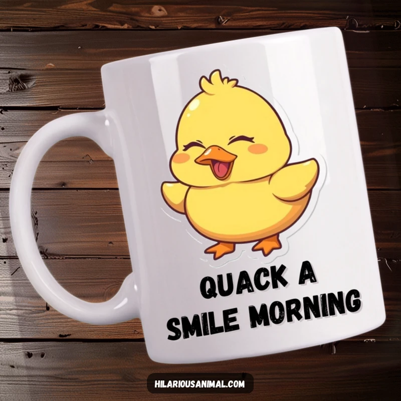 Funny Duck Laugh Mug showing a chubby yellow duck quacking heartily with its eyes squeezed shut in fits of laughter.