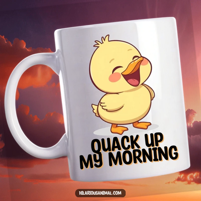 Funny cheerful duckling mug, head thrown back, emitting a hearty laugh, a joyful and humorous gift idea.