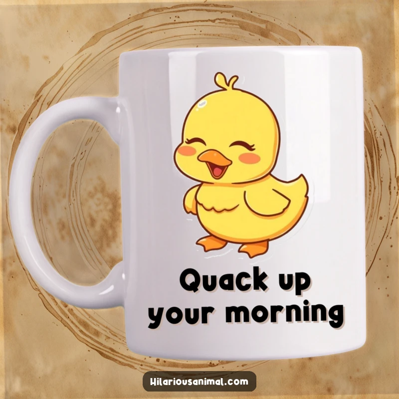 Funny yellow duckling mug, eyes closed in delight while giggling, radiating pure happiness.