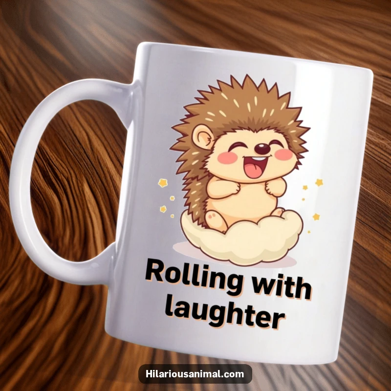Funny Hedgehog Cub Mug: A jovial hedgehog cub rolling into a tight ball, overcome with laughter and glee.