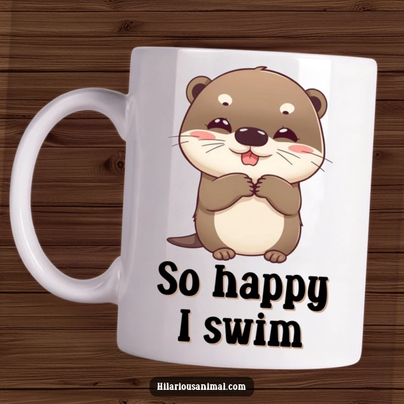 Funny beaming round otter cub mug, clutching sides with suppressed giggles, a cute and humorous gift.