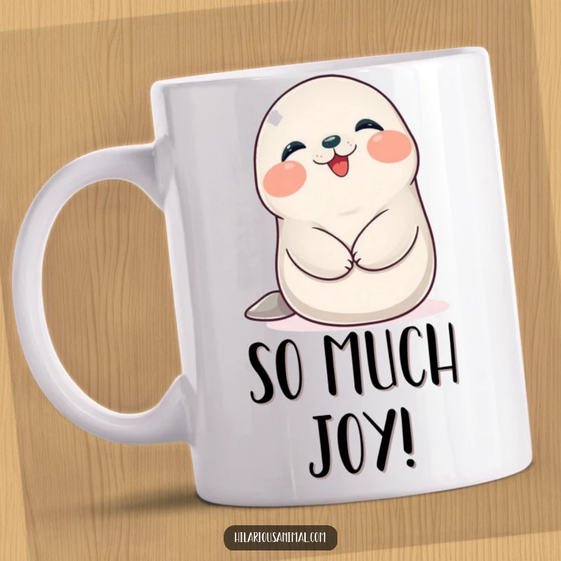 Funny Seal Cub Mug: A happy, plump seal cub giggling uncontrollably while holding its belly with joy.