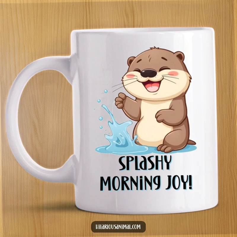 Funny Otter Cub Mug: A cheerful otter cub spraying water with a wide, happy grin, creating a playful splash.
