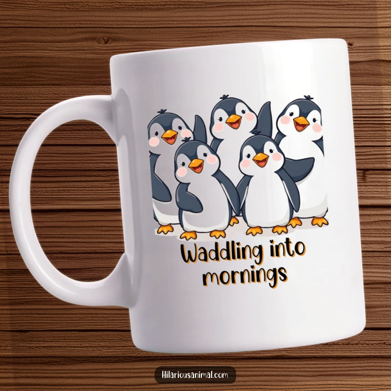Funny Penguin Giggling Mug: A group of happy penguins giggling with their flippers raised in the air, embodying pure joy and celebration.