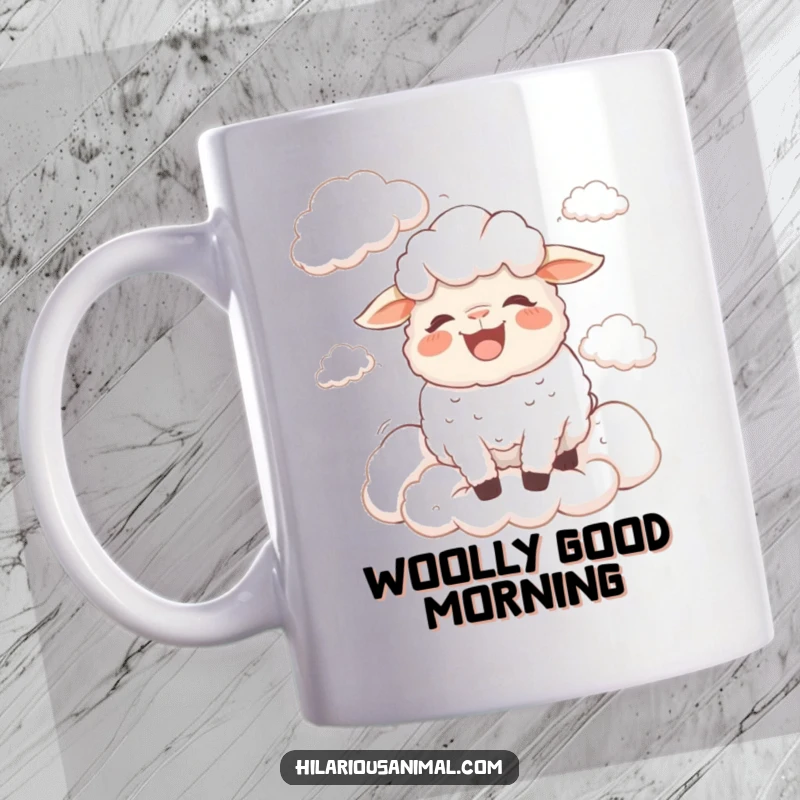 Funny bewildered sheep mug, a sheep bleating with laughter surrounded by fluffy clouds, a dreamy and humorous scene
