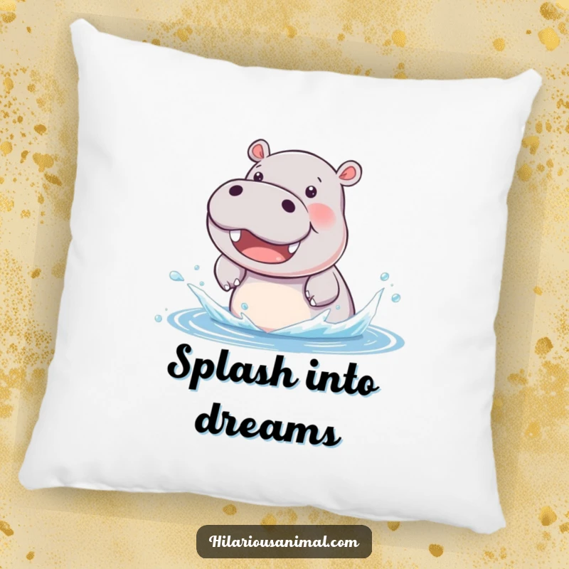 Funny hippo cub pillow, comfortably beaming while splashing water with delight, perfect for adding humorous comfort.