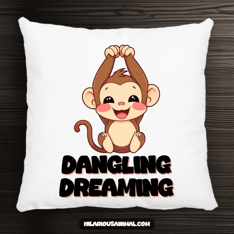 Funny monkey cub pillow, resting comfortably upside down with a sweet chuckle, perfect for adding humor to relaxation.
