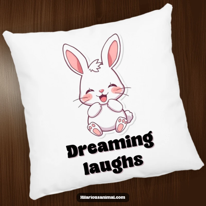 Funny cheerful bunny pillow featuring a soft cushion of a rabbit muffling a laugh behind its paws, radiating adorable, hidden joy.