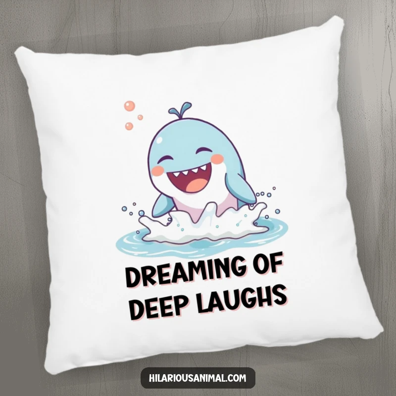 Funny pillow with a soft texture, featuring a whale breaching and laughing heartily, offering comfort and cheer.