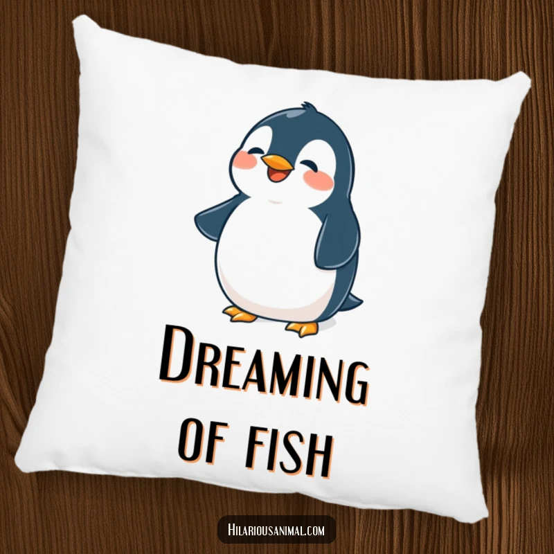 Funny penguin pillow, soft and plush, with a cute plump bird belly shaking from laughter, perfect for comfort.