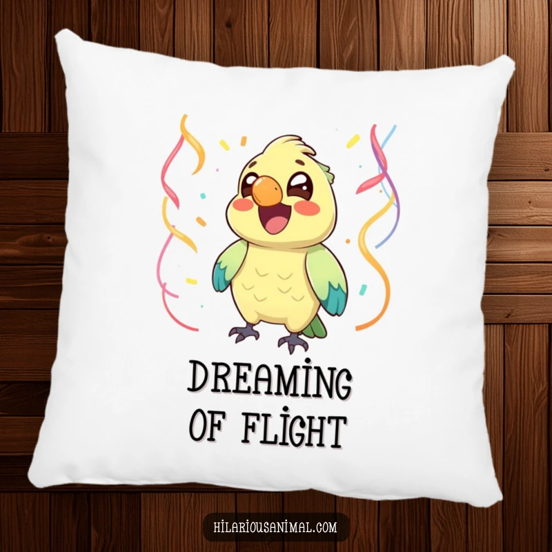 Funny joyful parrot with bright eyes chuckling, surrounded by streamers, on a plush pillow, a comfy and funny gift.