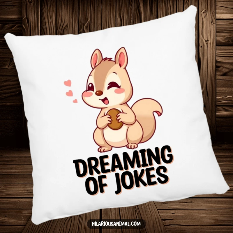 Funny squirrel pillow featuring a curious squirrel chattering with amusement, holding a nut, a soft and humorous decor item.