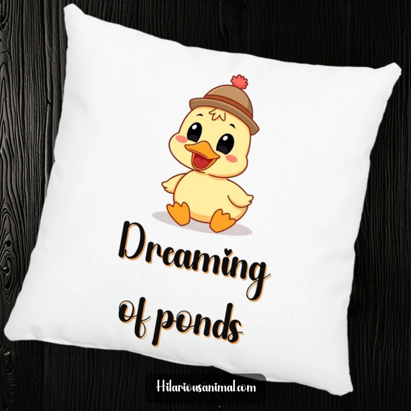 Funny grinning duck pillow wearing a funny hat, soft and plush, depicted quacking heartily, adding a humorous touch to sofas and beds.