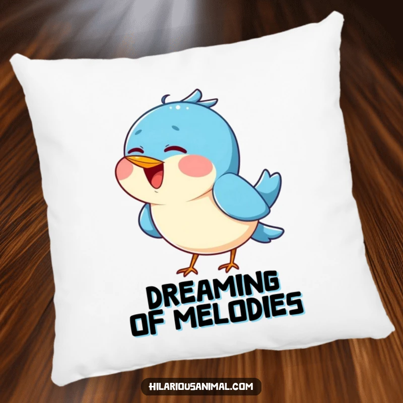 Funny Blue Bird Chirping Pillow - A soft pillow with a cheerful blue bird tilting its head back, singing joyfully, adding comfort and happiness.