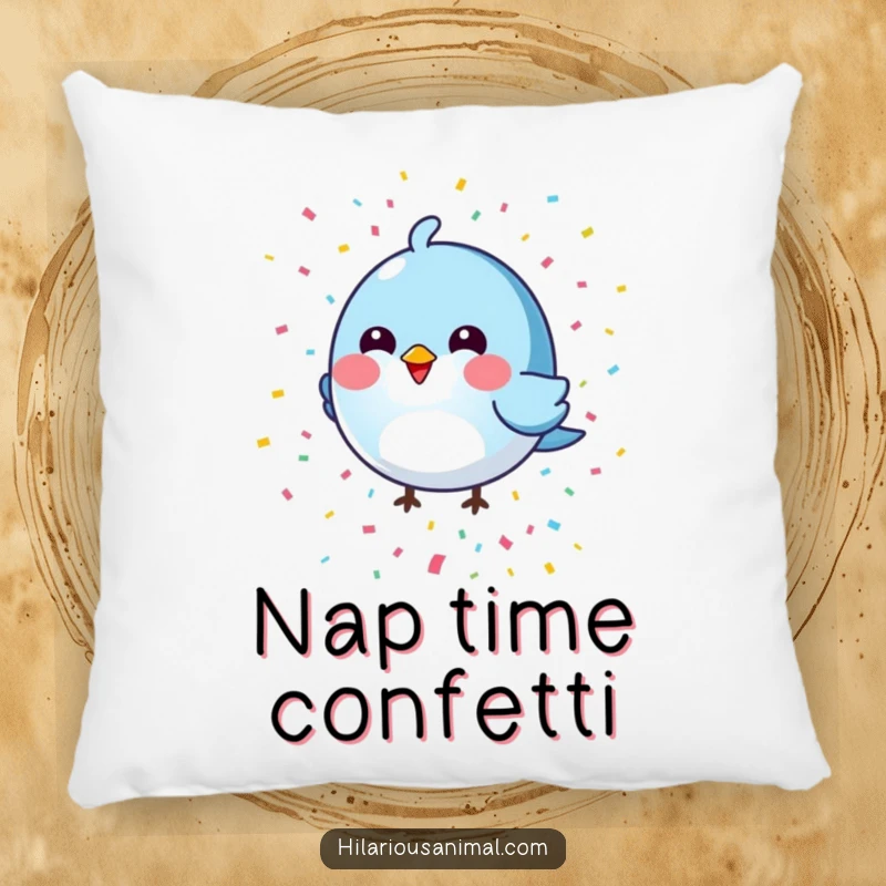 Funny round blue bird pillow with a colorful confetti shower, providing cozy, humorous, and festive decor.