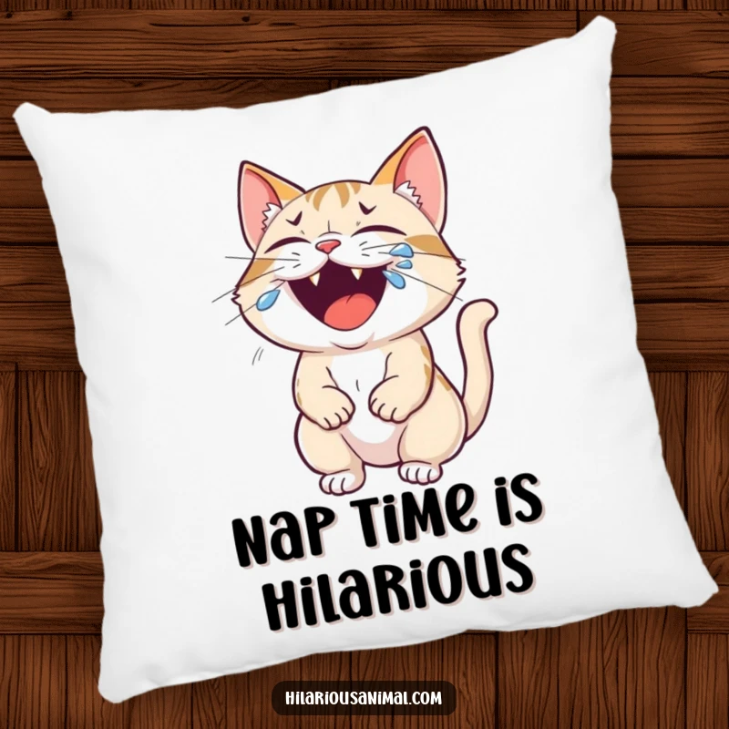 Funny cat pillow showcasing a small cat roaring with laughter, tears streaming from its eyes, a soft and humorous decor item.