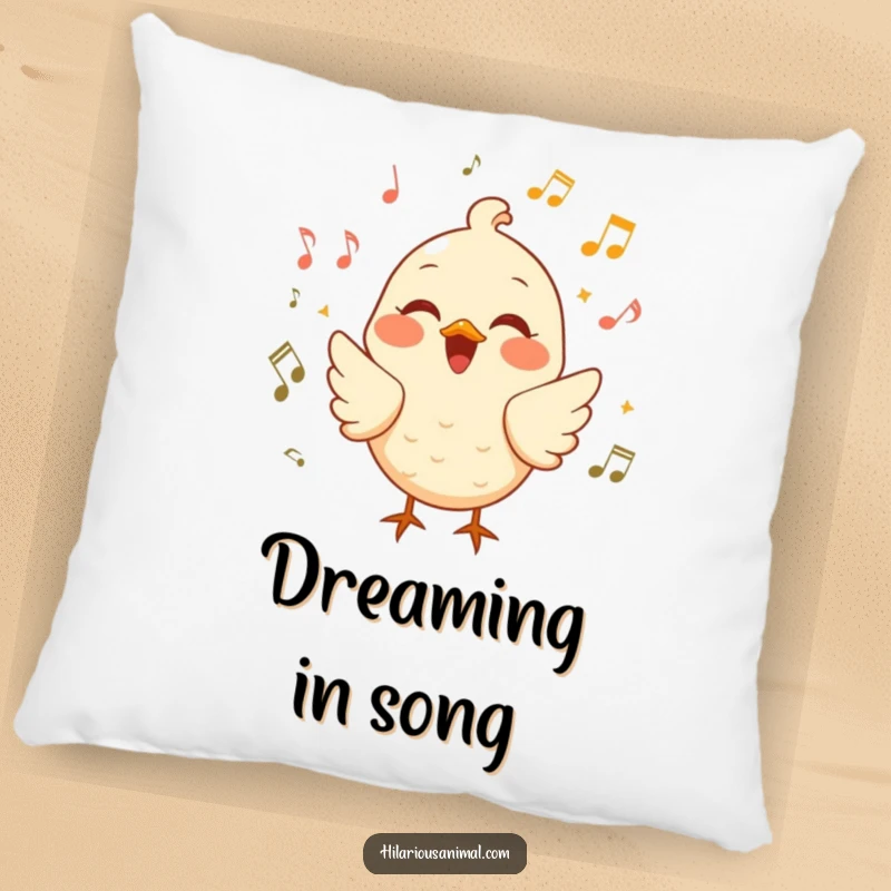 Funny cheerful bird pillow, a bird chirping with laughter surrounded by musical notes, soft and melodious decor