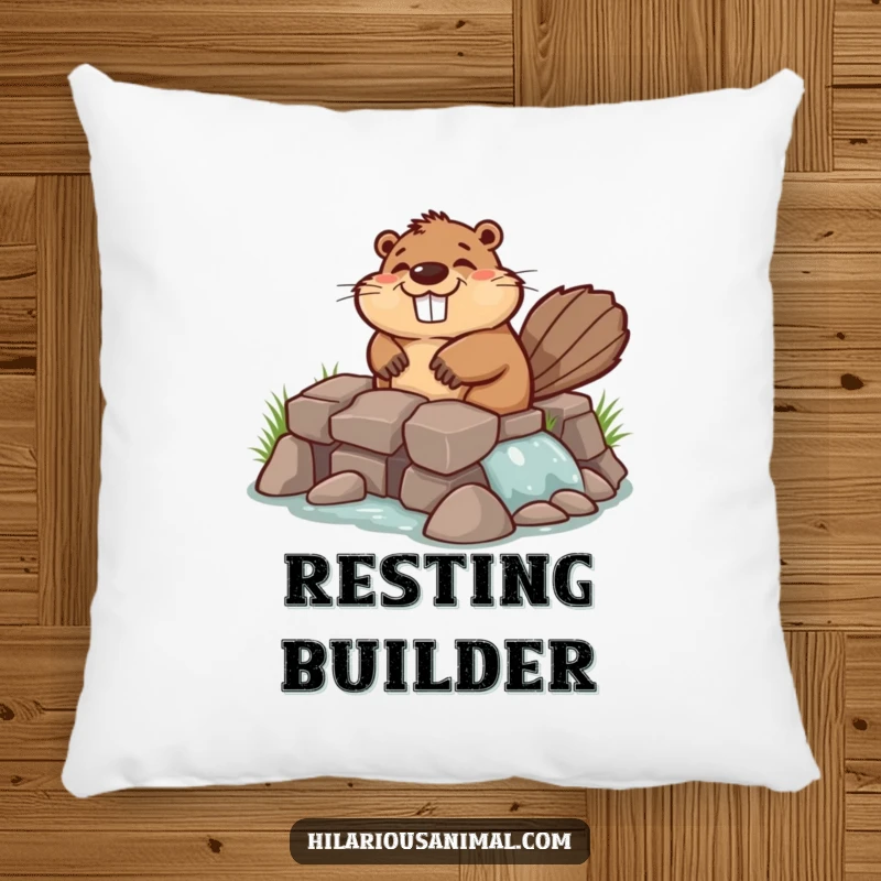 Funny chuckling beaver pillow featuring a soft cushion of a beaver industriously building a lopsided dam, radiating dedicated amusement.