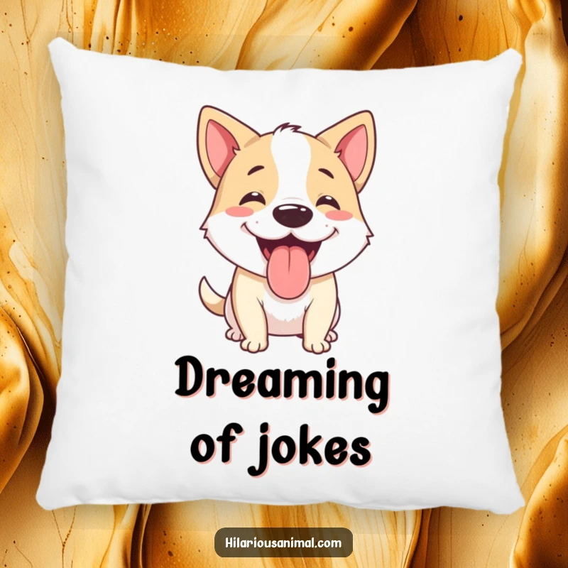 Funny dog pillow featuring a happy dog panting with its tongue out, mid-chuckle, a soft and humorous decor piece.