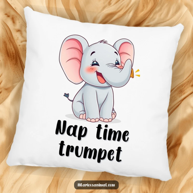 Funny elephant cub trumpeting with joy, soft decorative pillow, flapping ears, bringing a cozy and cheerful vibe to any couch or bed.