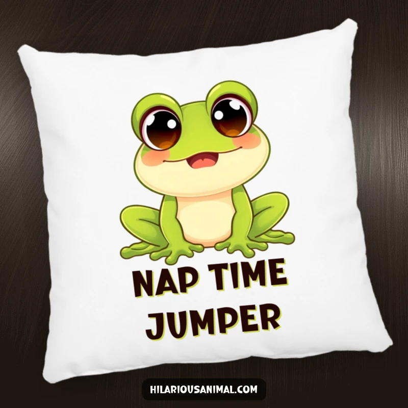 Funny happy frog pillow with wide beaming eyes, soft and plush, depicted croaking joyfully, adding a humorous touch to sofas and beds.