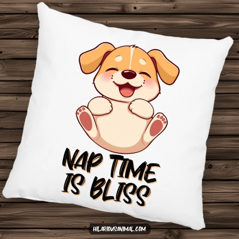 Funny dog pillow depicting a floppy-eared dog blissfully rolling on its back, overcome with absolute giggling joy.