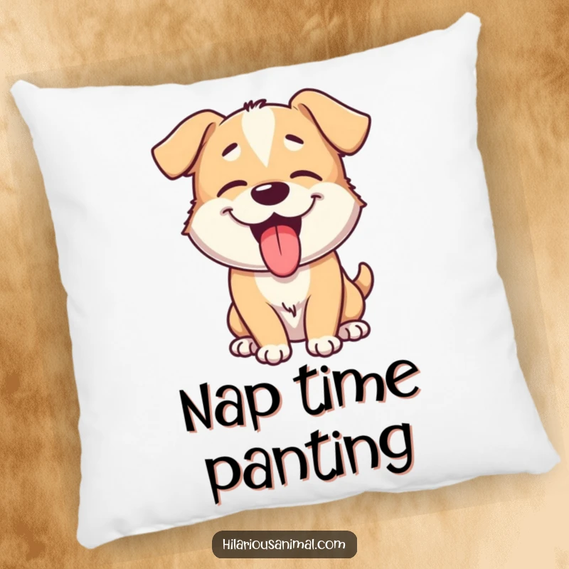 Funny dog pillow featuring a soft, plush giggling puppy with its tongue lolling out, panting with pure, infectious happiness.