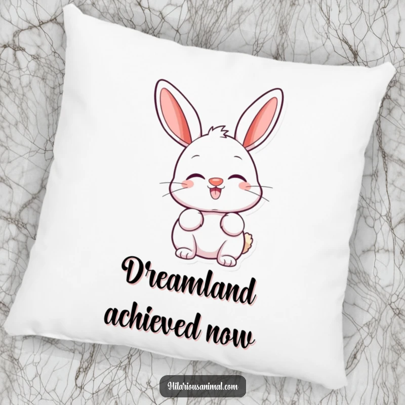 Funny bunny pillow featuring a happy bunny with a twitching nose and ears perked high, radiating pure amusement.