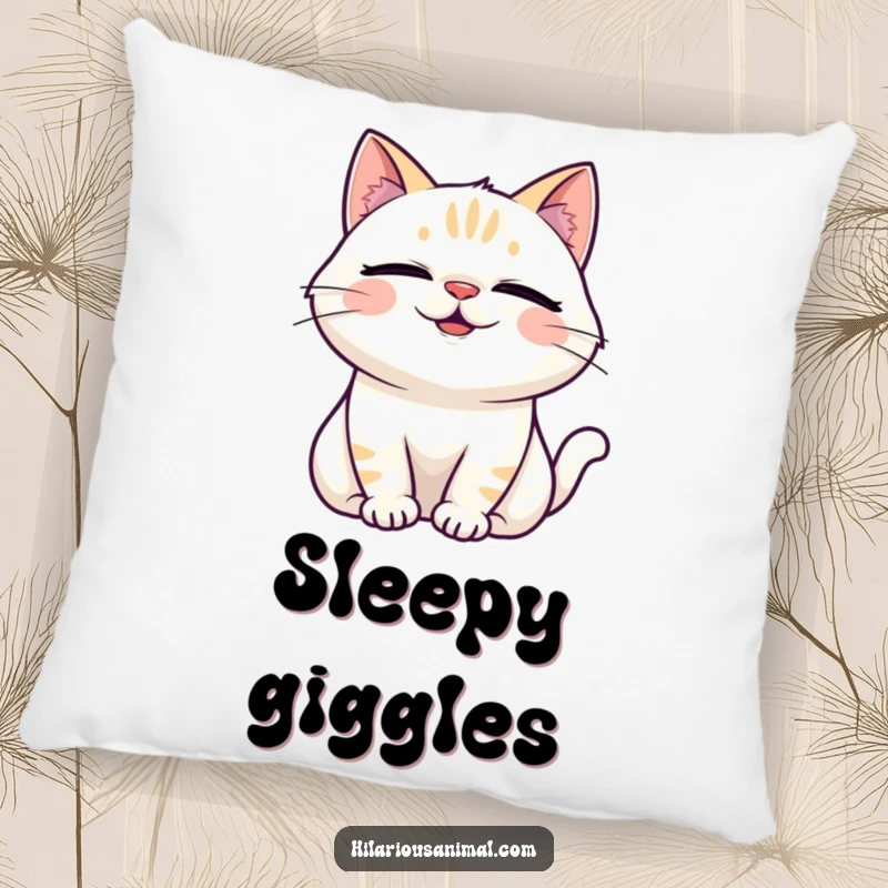 Funny Laughing Cat Pillow depicting a cat with eyes squeezed shut, head tilted back in a fit of laughter.
