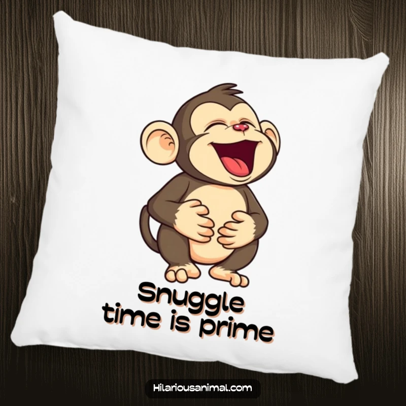 Funny monkey pillow featuring a silly character holding its belly, roaring with laughter, offering soft comfort and a hilarious dose of primate charm.