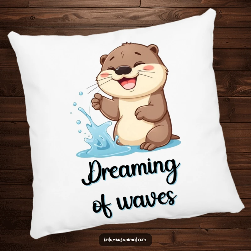 Funny Otter Cub Pillow: A cheerful otter cub spraying water with a wide grin, offering cozy, humorous comfort.