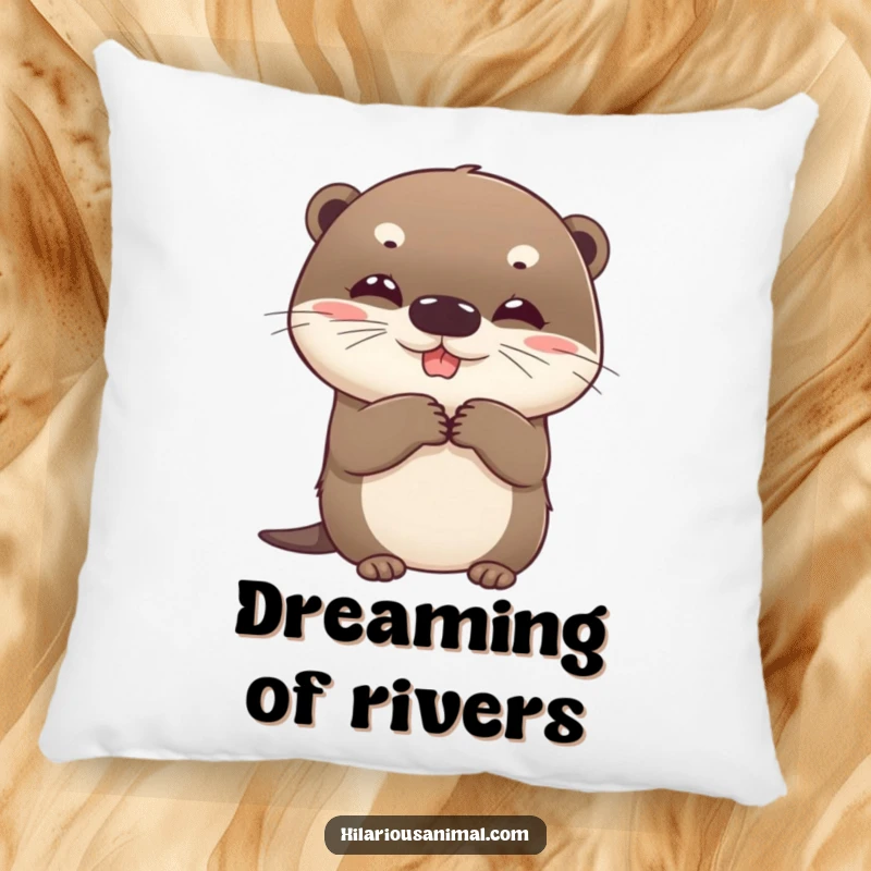 Funny otter pillow, soft and plush, with a beaming round cub clutching sides with suppressed giggles, perfect for comfort.