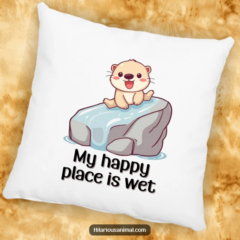 Funny pillow featuring a playful otter sliding down a slippery rock with an expression of pure glee.