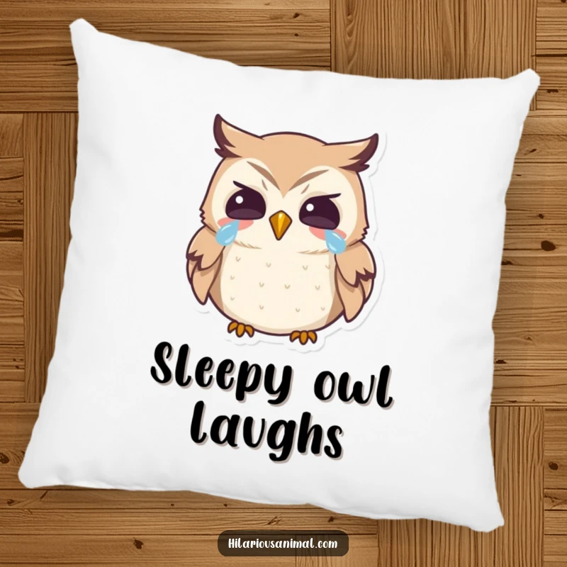Funny owl pillow, soft and plush, with a tiny bird laughing heartily with tears, perfect for cozying up.