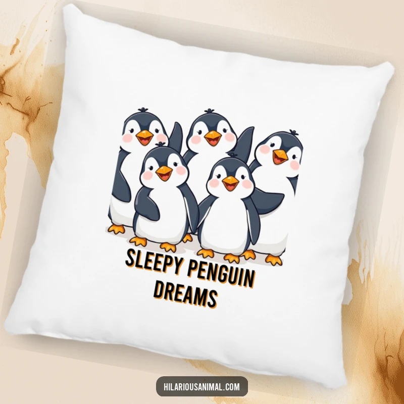 Funny Penguin Giggling Pillow: A soft pillow featuring happy penguins giggling with flippers in the air, offering comfort and a humorous decorative accent.