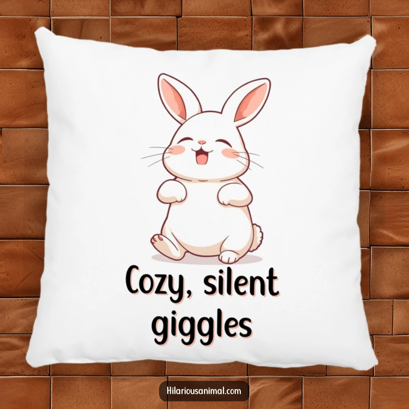 Funny rabbit pillow featuring a bunny with its belly exposed, shaking with silent laughter, a soft and humorous decor item.