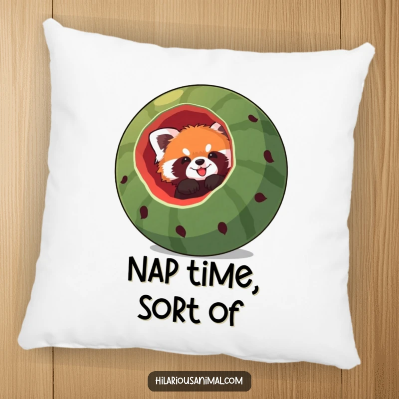 Funny red panda pillow, a red panda hilariously stuck headfirst in a giant hollowed-out watermelon, soft and inviting for cozy, humorous moments.