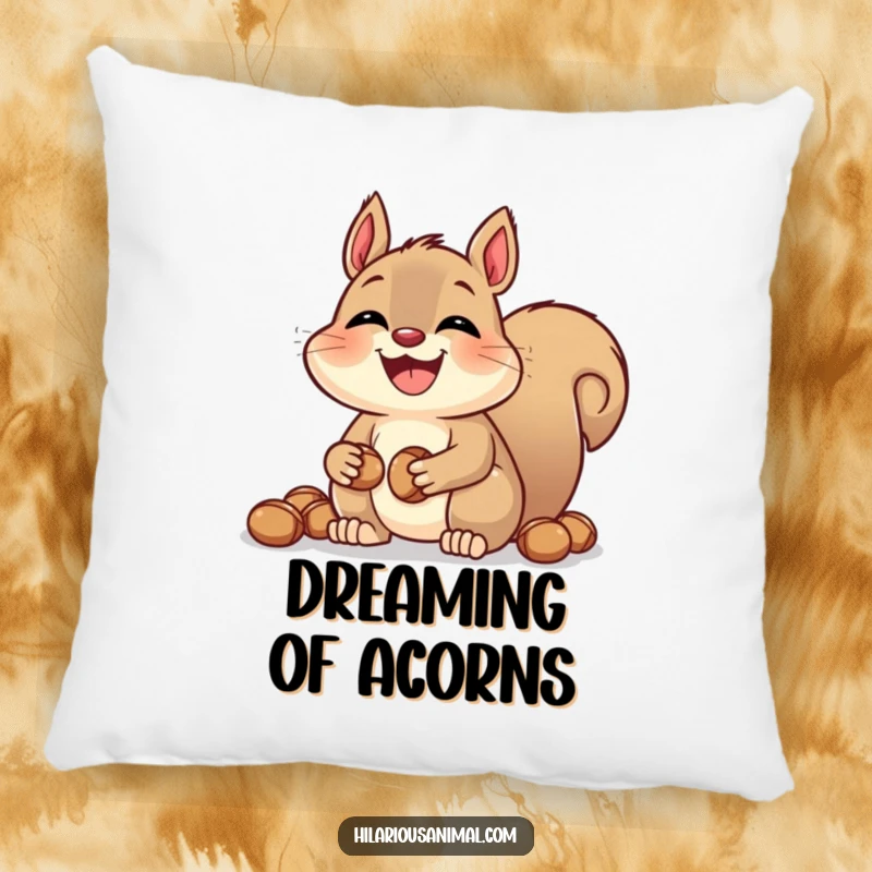 Funny laughing squirrel pillow with bulging cheeks, soft and plush, depicted hoarding nuts, adding a humorous touch to sofas and beds.