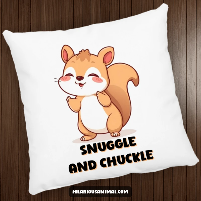 Funny pillow with a cheerful squirrel shaking with silent, joyful laughter, a soft and funny gift.