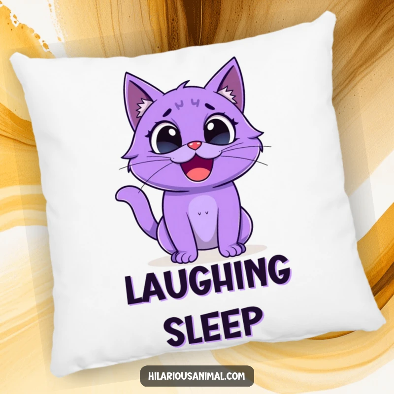 Funny purple cat pillow, creature with wide eyes laughing merrily, soft and decorative.
