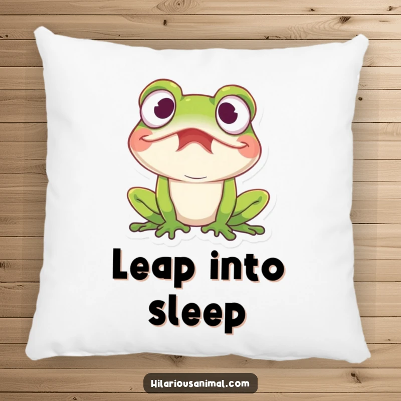 Funny amused frog pillow, a frog with wide eyes caught in a fit of mirth, soft and hilariously expressive decor