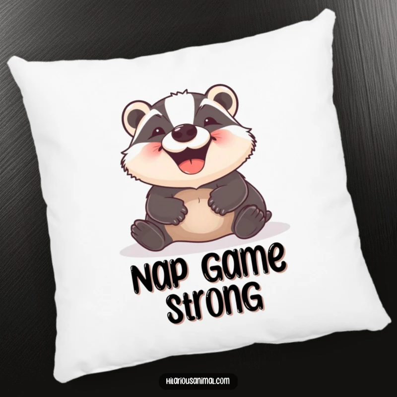 Funny Badger Pillow featuring a joyful badger rolling around with a massive grin, offering comfort and a dose of humor to living spaces.