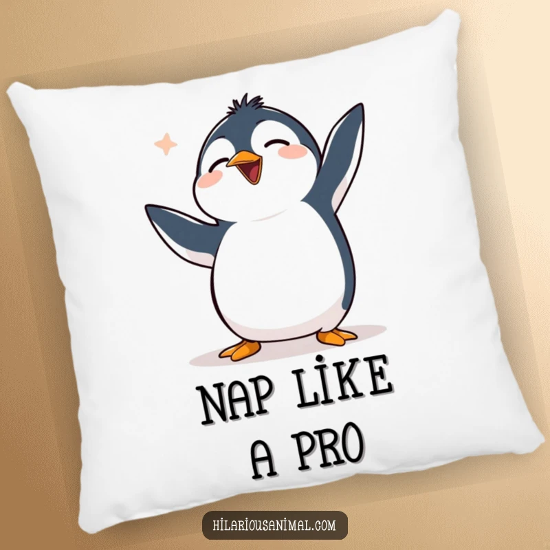 Funny clumsy penguin pillow featuring a penguin flapping flippers uncontrollably and chuckling, soft and humorous decor