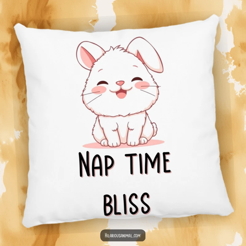 Funny bunny pillow with a fluffy white rabbit snorting happily, ears flopped, offering comfort and a dose of pure, silly joy.