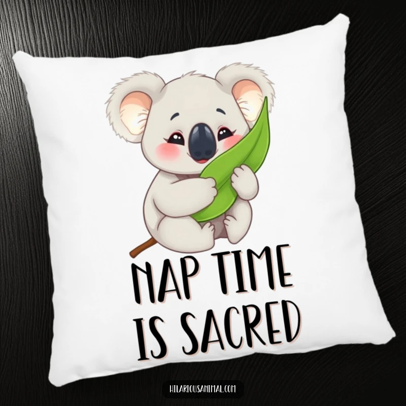 Funny koala cub pillow, comfortably hugging a eucalyptus leaf with crinkled eyes, perfect for adding humorous comfort.