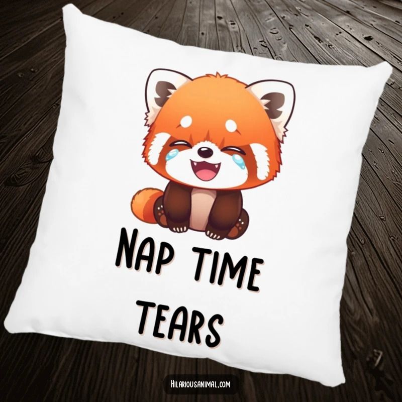Funny Red Panda Cub Pillow - Soft cushion featuring a red panda cub wiping tears of laughter, adding comfort and humor to any setting.