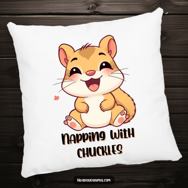 Funny Delighted Squirrel Pillow: A happy squirrel cub chattering with giggles, providing comfort and a humorous, joy-filled presence.