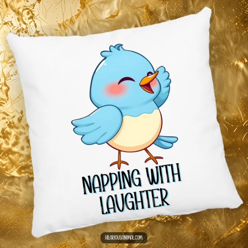 Funny pillow with a blue bird cackling with one wing tucked under its head, offering humorous comfort and decor.